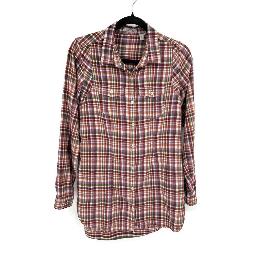 TOAD&CO. Purple Green Organic Cotton Plaid Flannel Button Up Tunic Shirt Small